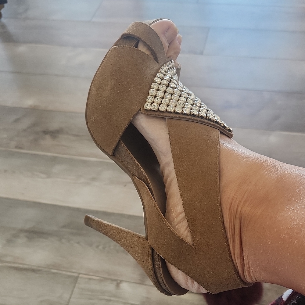 Pedro Garcia Tan Suede 4 In. Heels with Swarovski Chrystal Accent